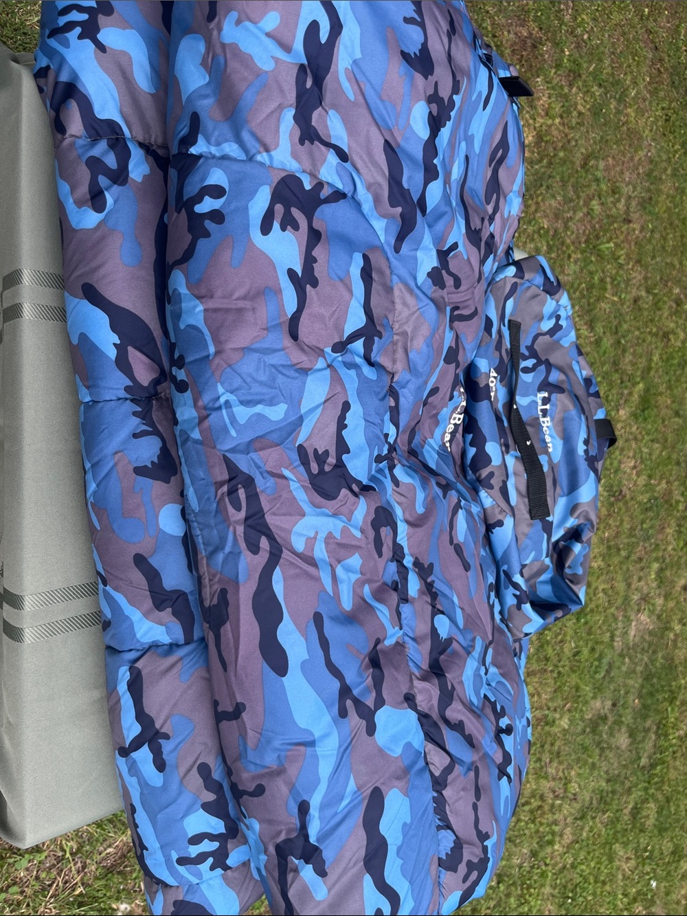 L.L. Bean Blue Camo Puffer Sleeping Bag with storage bag.